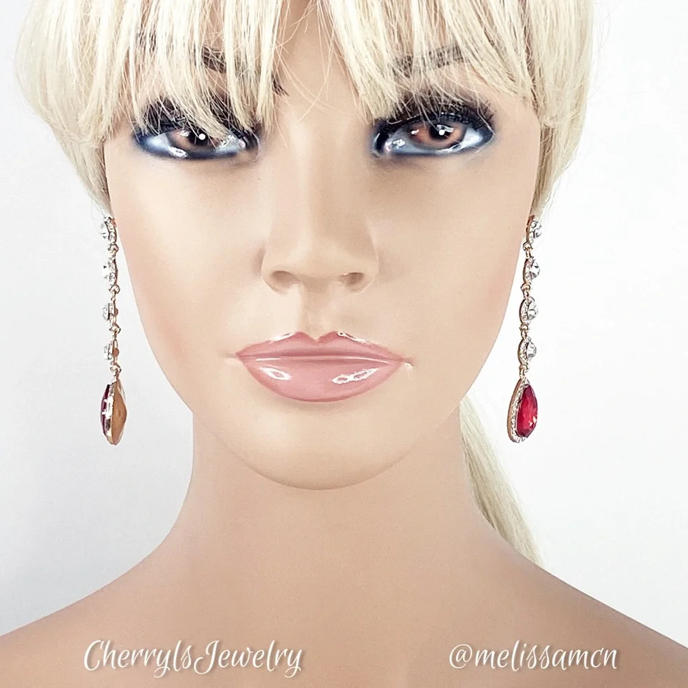 Long Red Crystal Rhinestone Occasion Earrings - Picture 4 of 5